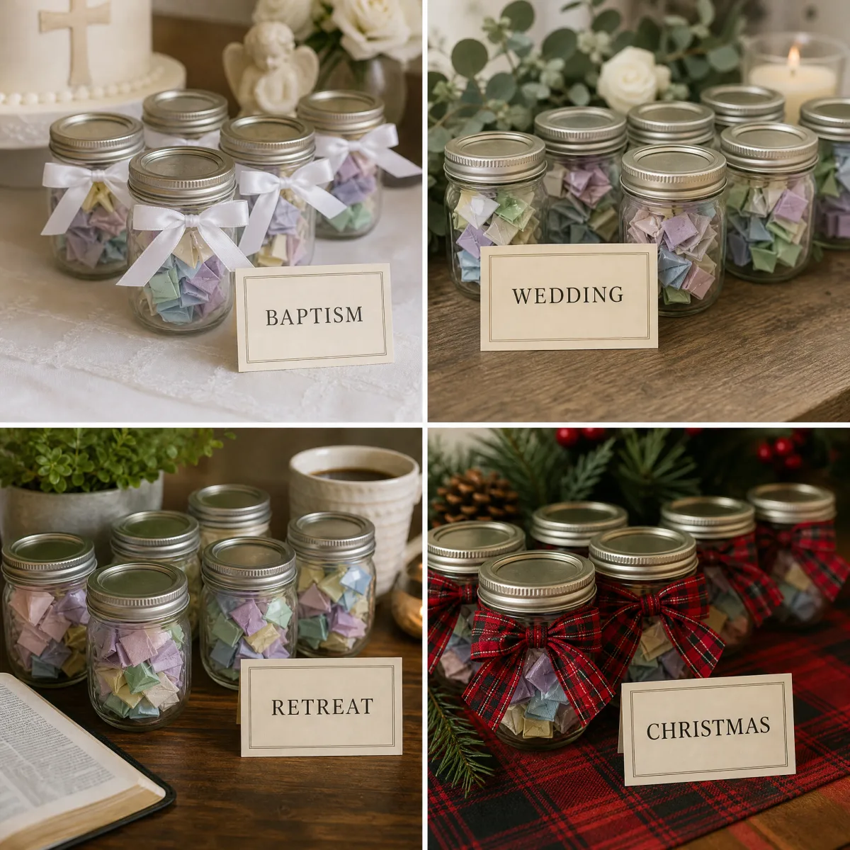 Mini Bible verse jars set up as favors for a baptism, a wedding, a retreat and Christmas