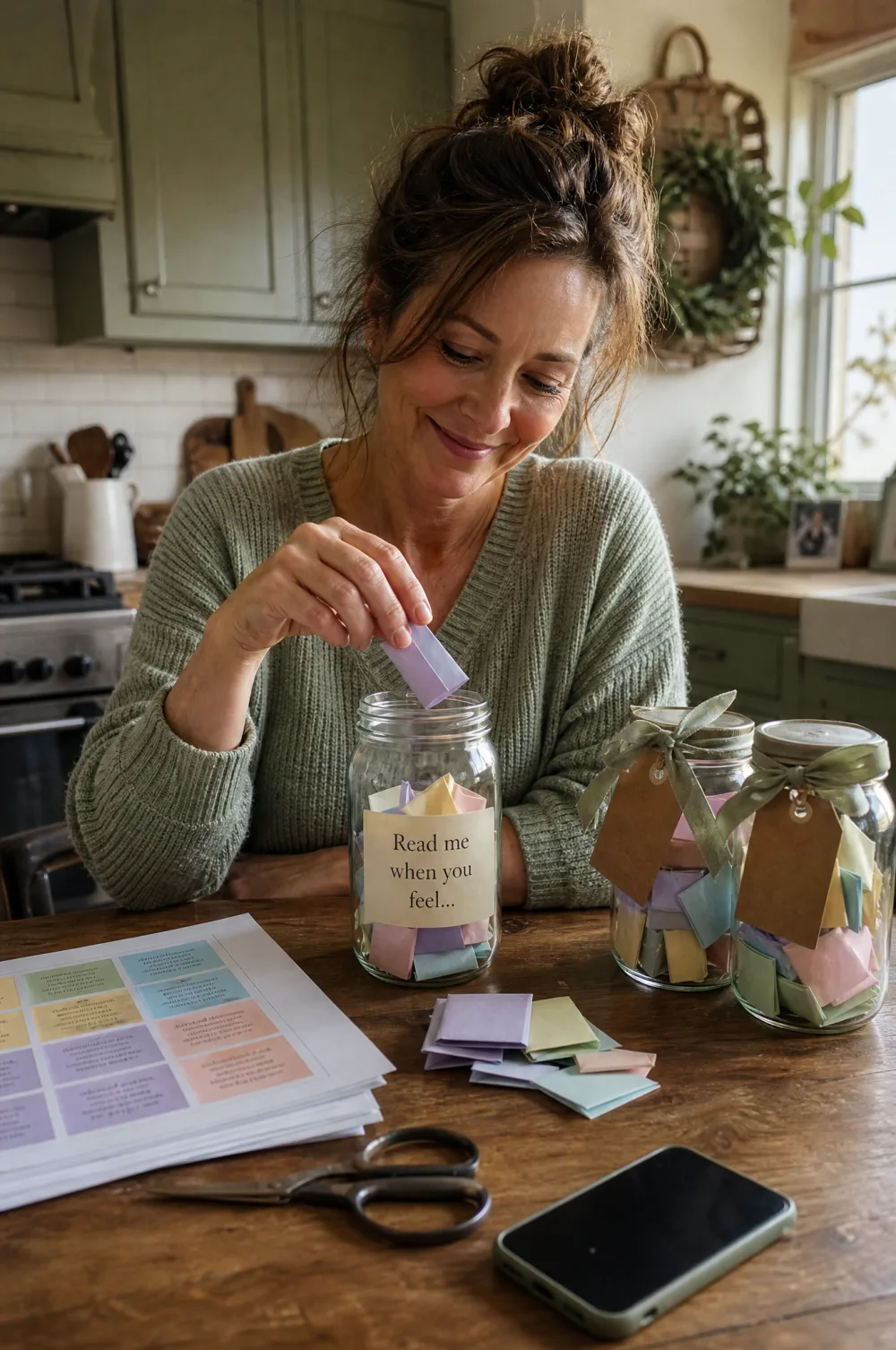 A woman filling a Bible promise jar with color-coded verse slips at her kitchen table